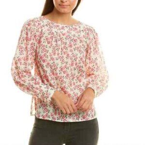 Rebecca Taylor Small Floral Print Long Sleeve Blouse 100% Cotton Ivory & Pink